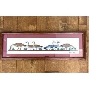 Vintage Meidum Geese Framed Art Egyptian Papyrus Bird Wall Decor 30 x 10 Signed